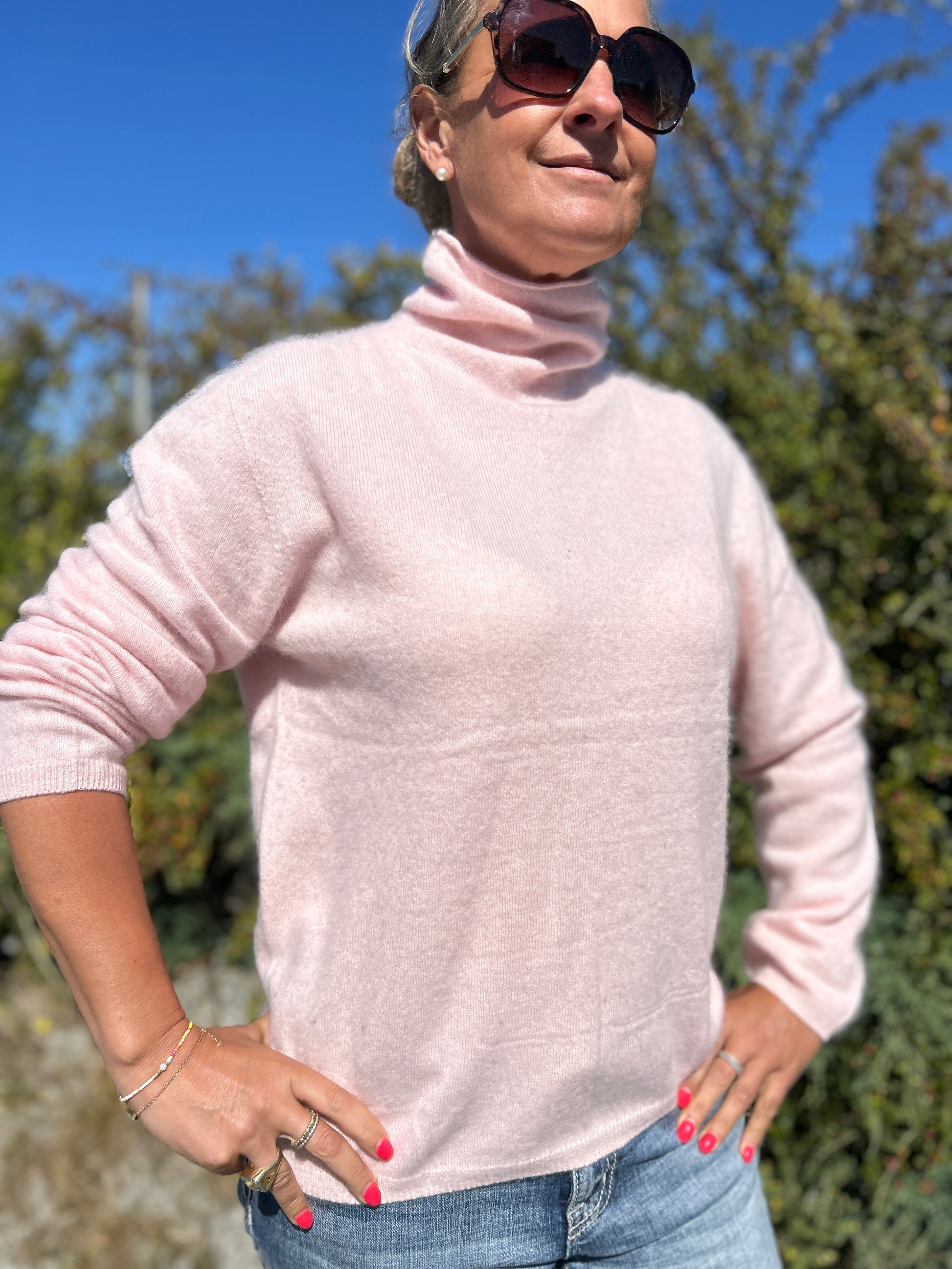 Kashmir polo dam turtleneck i rosa