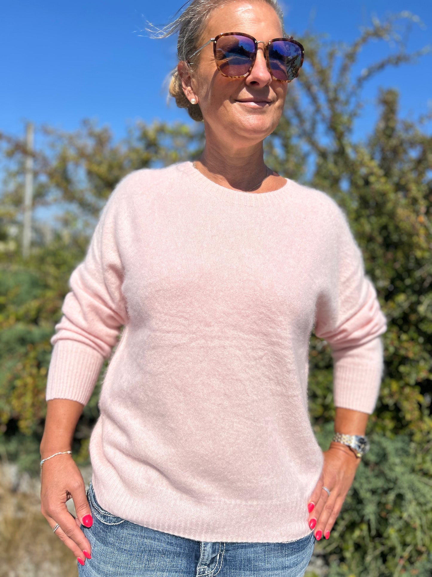 Kashmirtröja dam rund hals rosa