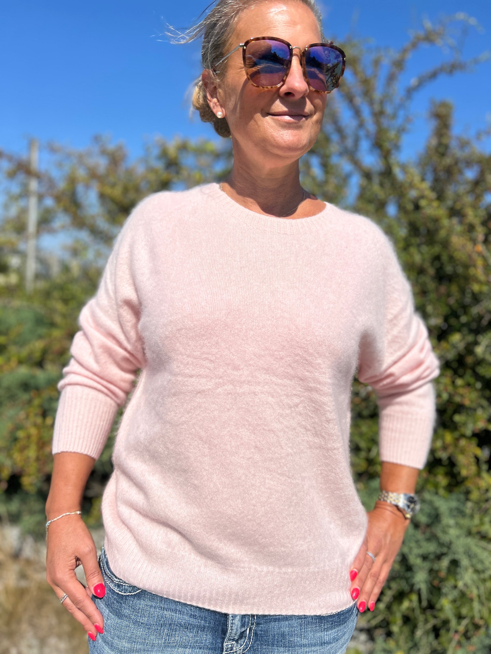 Kashmirtröja dam rund hals rosa