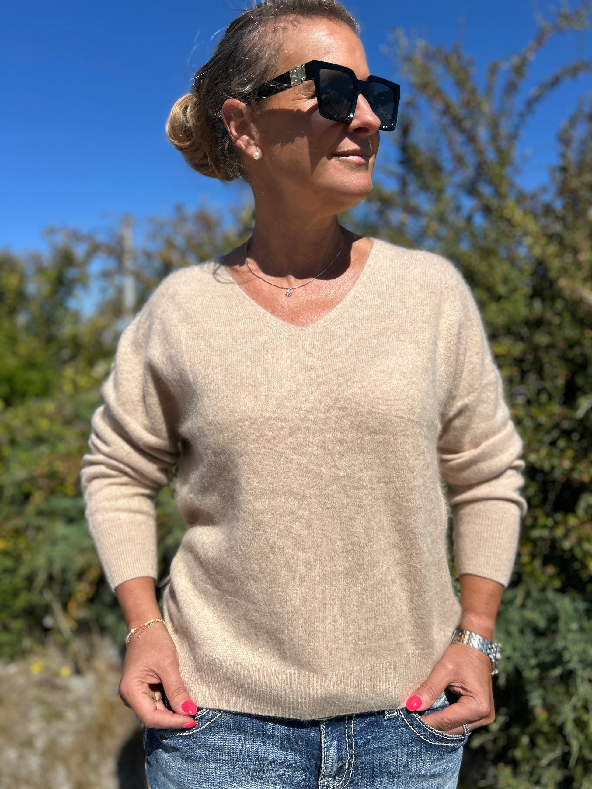 Kashmirtröja dam v-neck sand