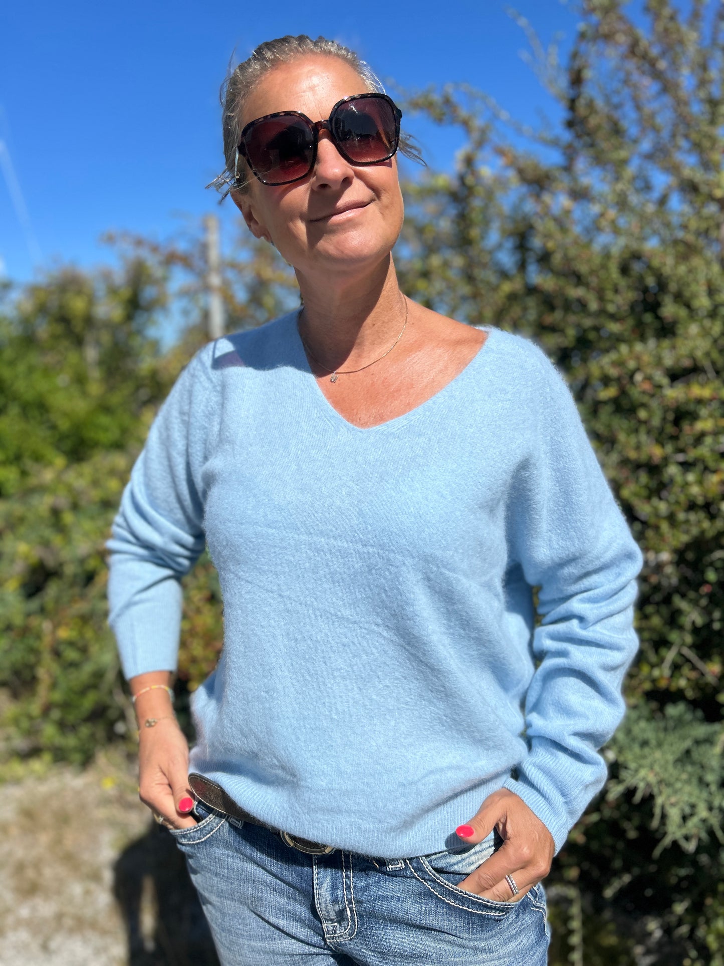 Kashmirtröja dam v-neck ljusblå