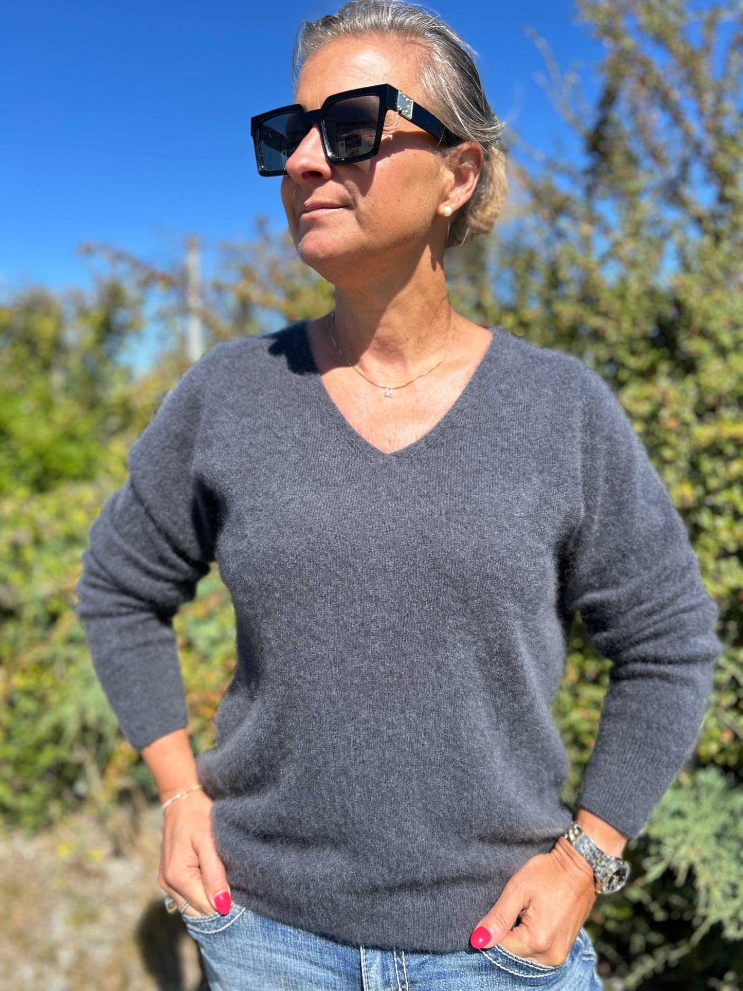 Kashmirtröja dam v-neck mörkgrå