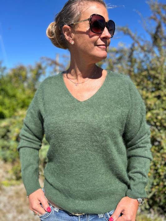 Kashmirtröja dam v-neck mörkgrön