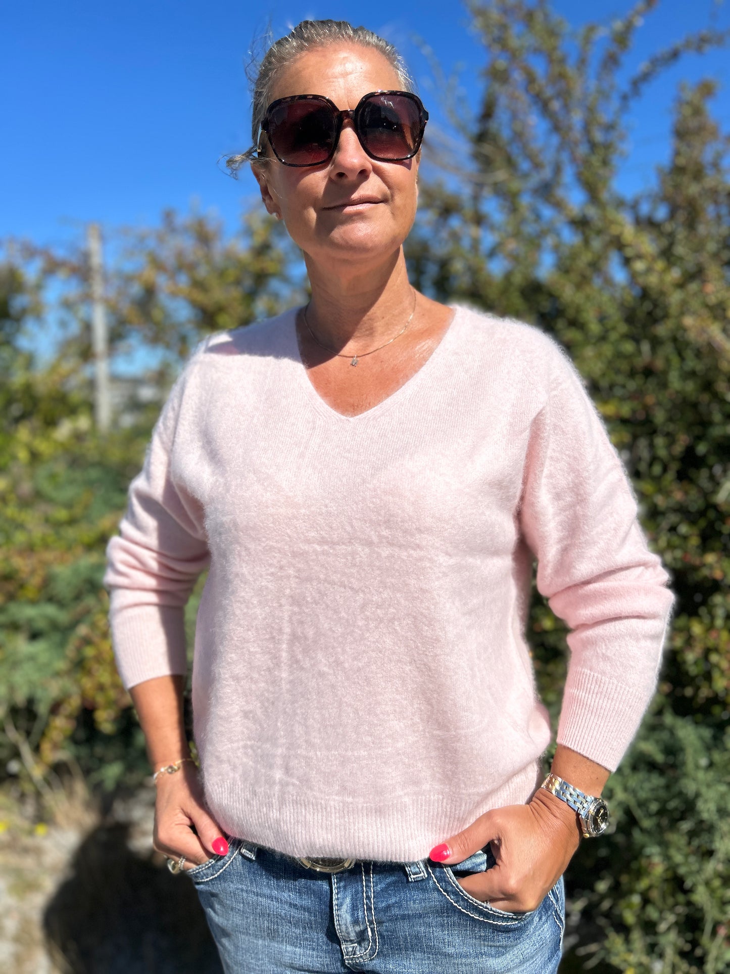 Kashmirtröja dam v-neck rosa
