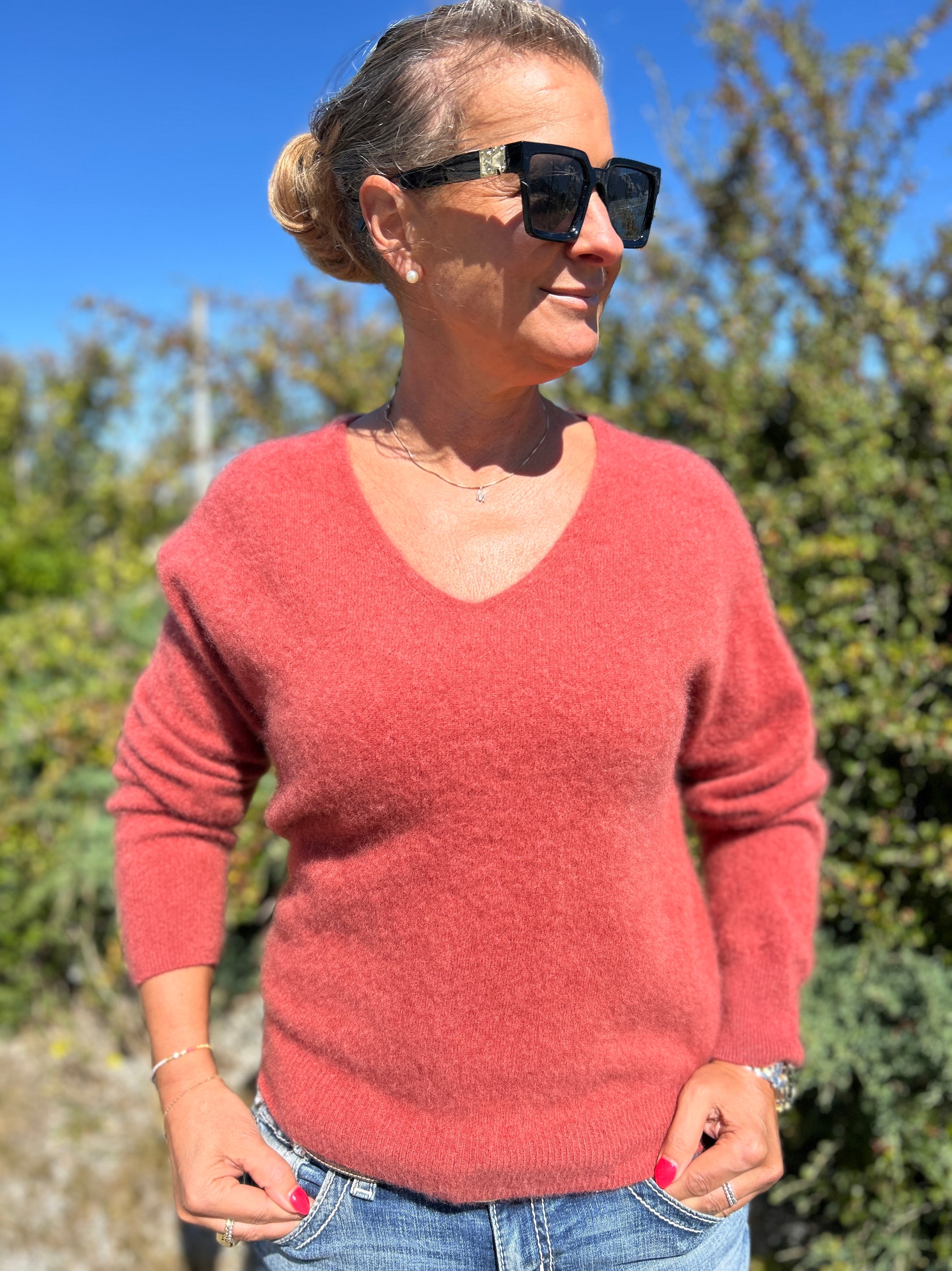 Kashmirtröja dam v-neck rost