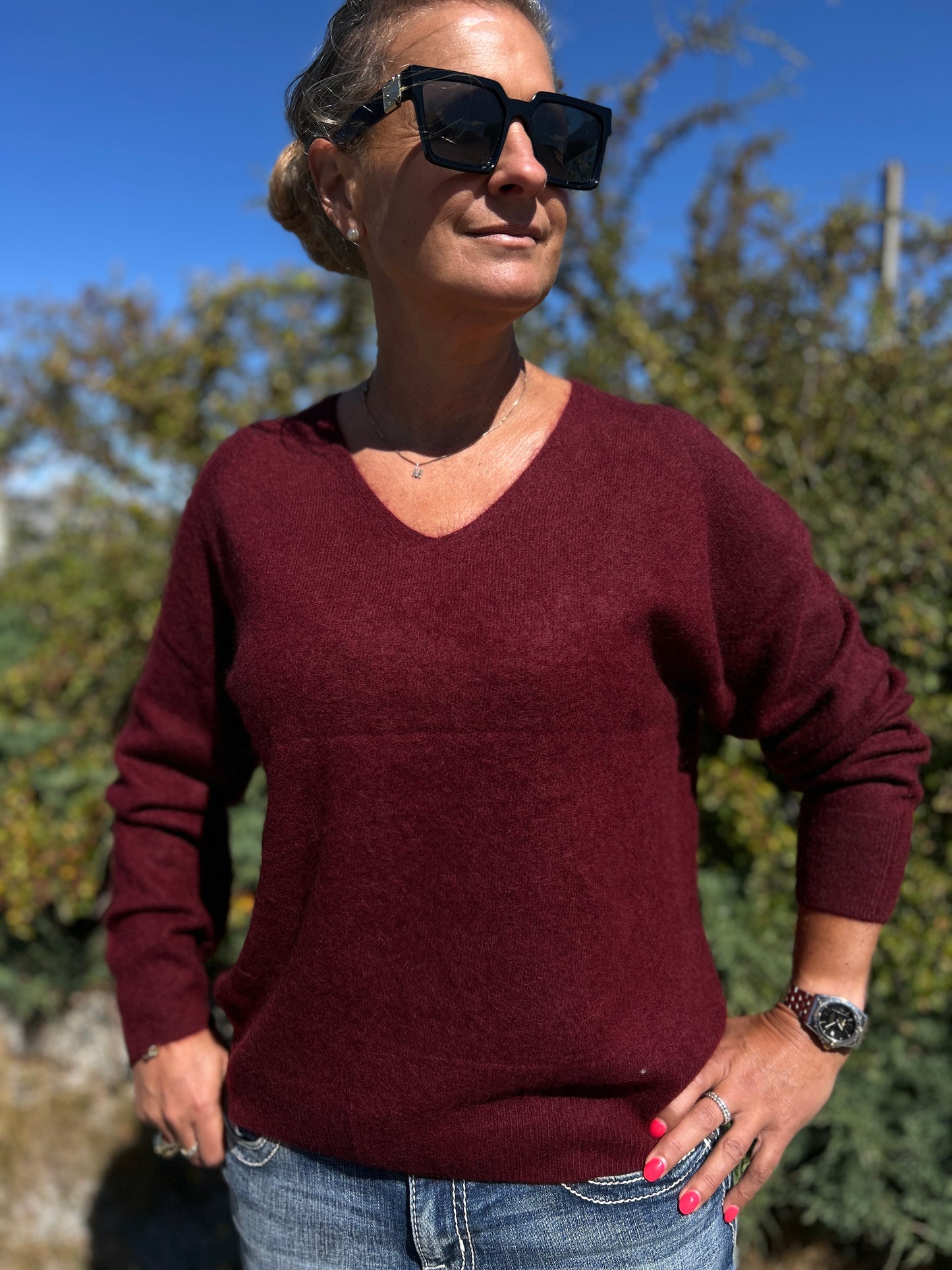 Kashmirtröja dam v-neck vinröd